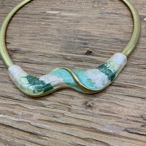 Metallic Pastel Swirl Enamel Gold Tone Snake Chain Choker Vintage Necklace - Picture 2 of 7